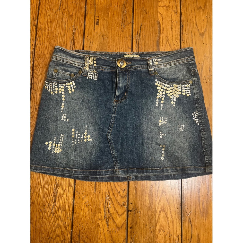 Stream Blue Denim Sequin Mini Skirt Y2K Rhinestone Button Women Small
